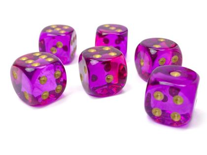 КОМПЛЕКТ ПОЛУПРОЗРАЧНИ ЗАРОВЕ D6 - CHESSEX - 16 MM 12 БР – RED-VIOLET/GOLD