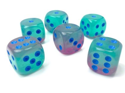 КОМПЛЕКТ ЛУМИНИСЦЕНТНИ ЗАРОВЕ D6 - CHESSEX - 16 MM 12 БР. – GREEN-PINK/BLUE